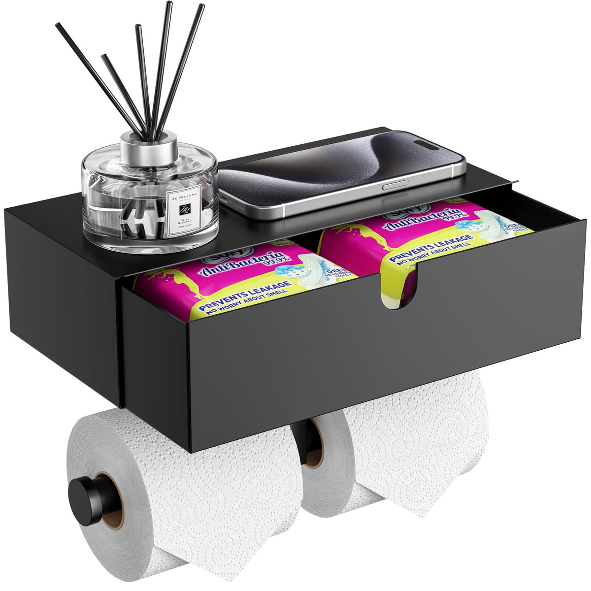 Tindbea toilet paper holder with storage shelf, discreet space for wipes and essentials.