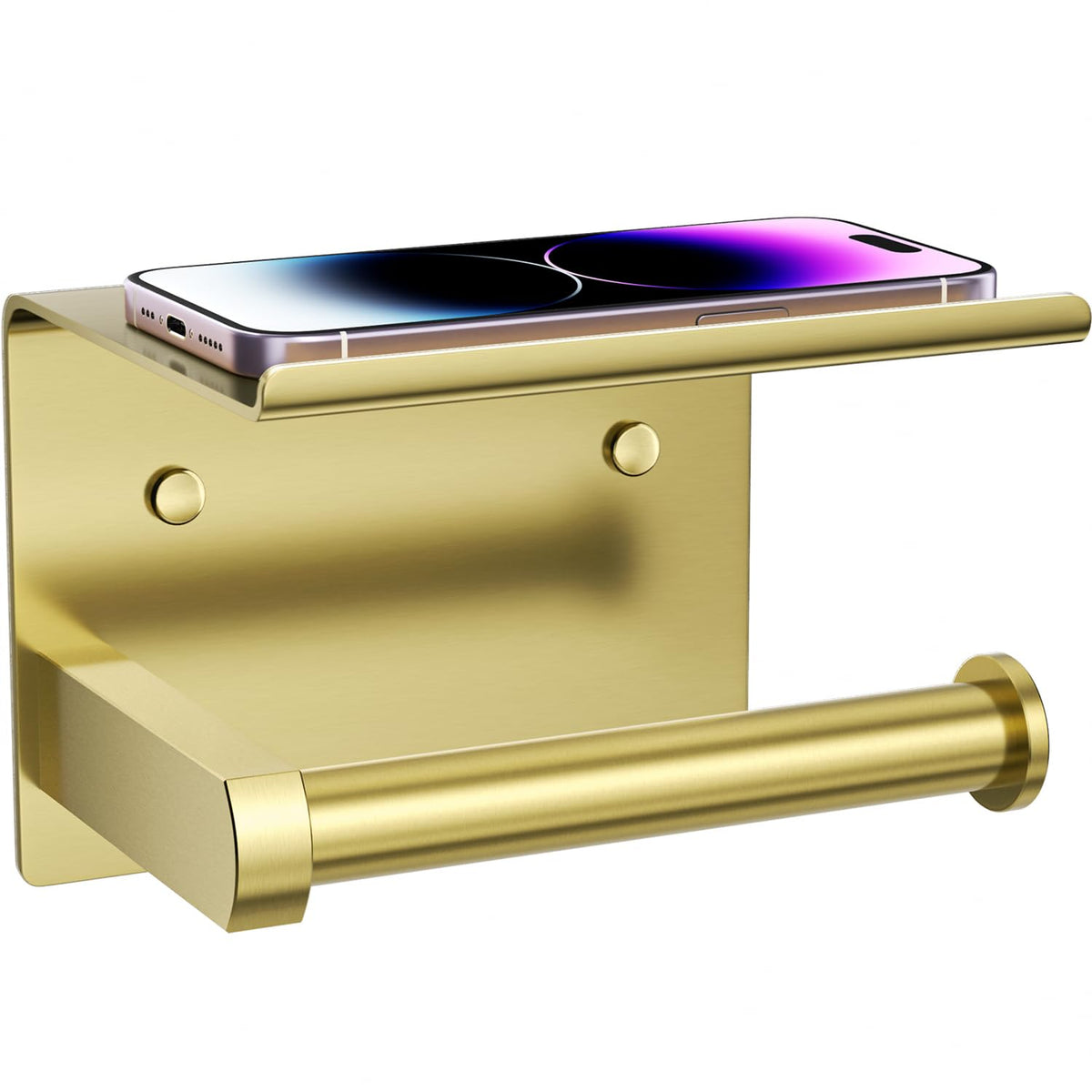 Tindbea toilet paper holder with phone shelf in brushed gold mounted on wall for organized bathroom storage