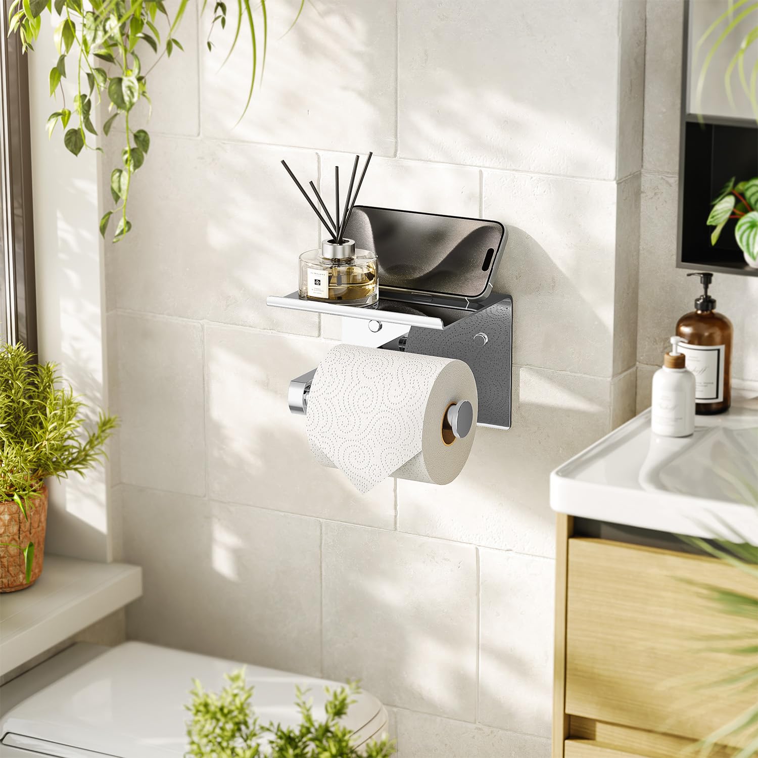 Tindbea toilet paper holder with shelf adhesive installation option demonstrated