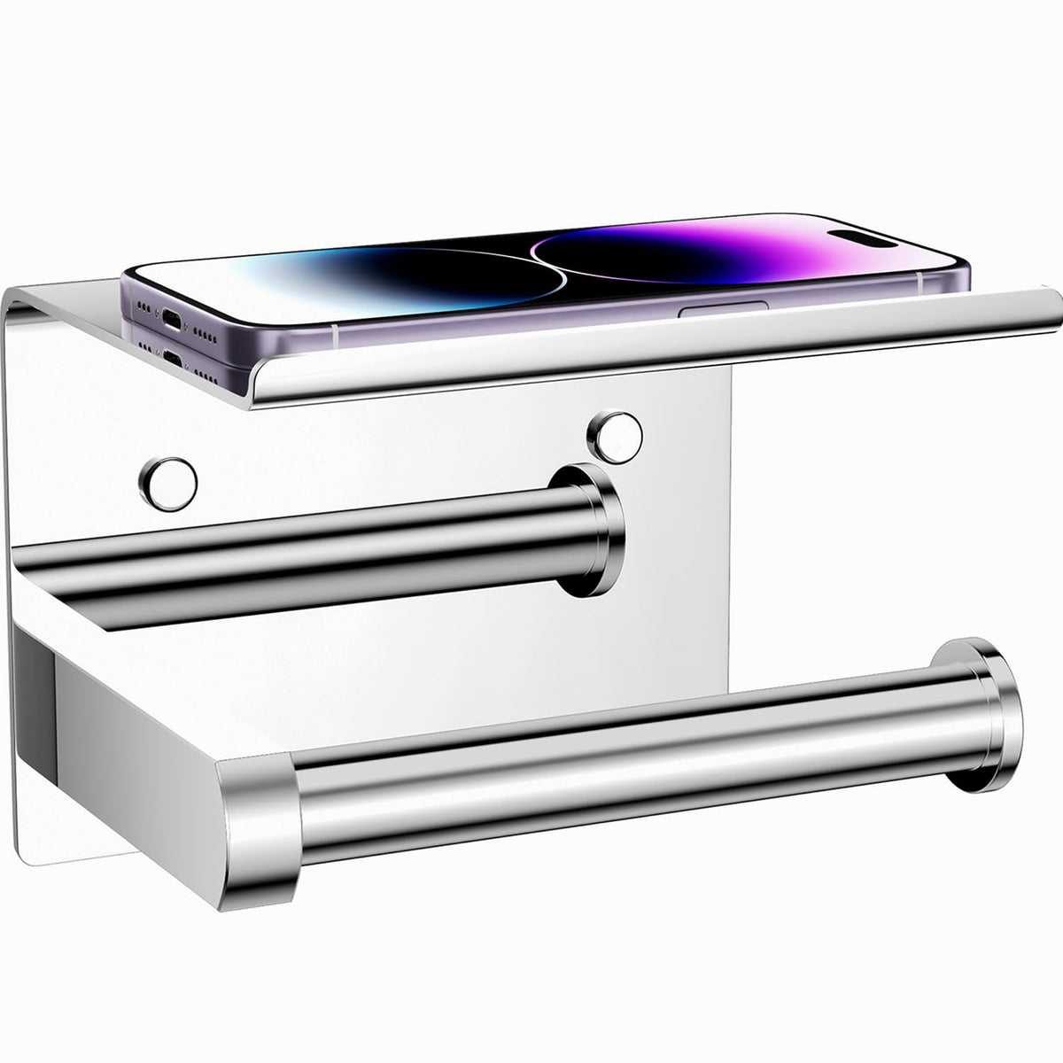 Tindbea toilet paper holder with shelf front view in polished chrome showing sturdy design