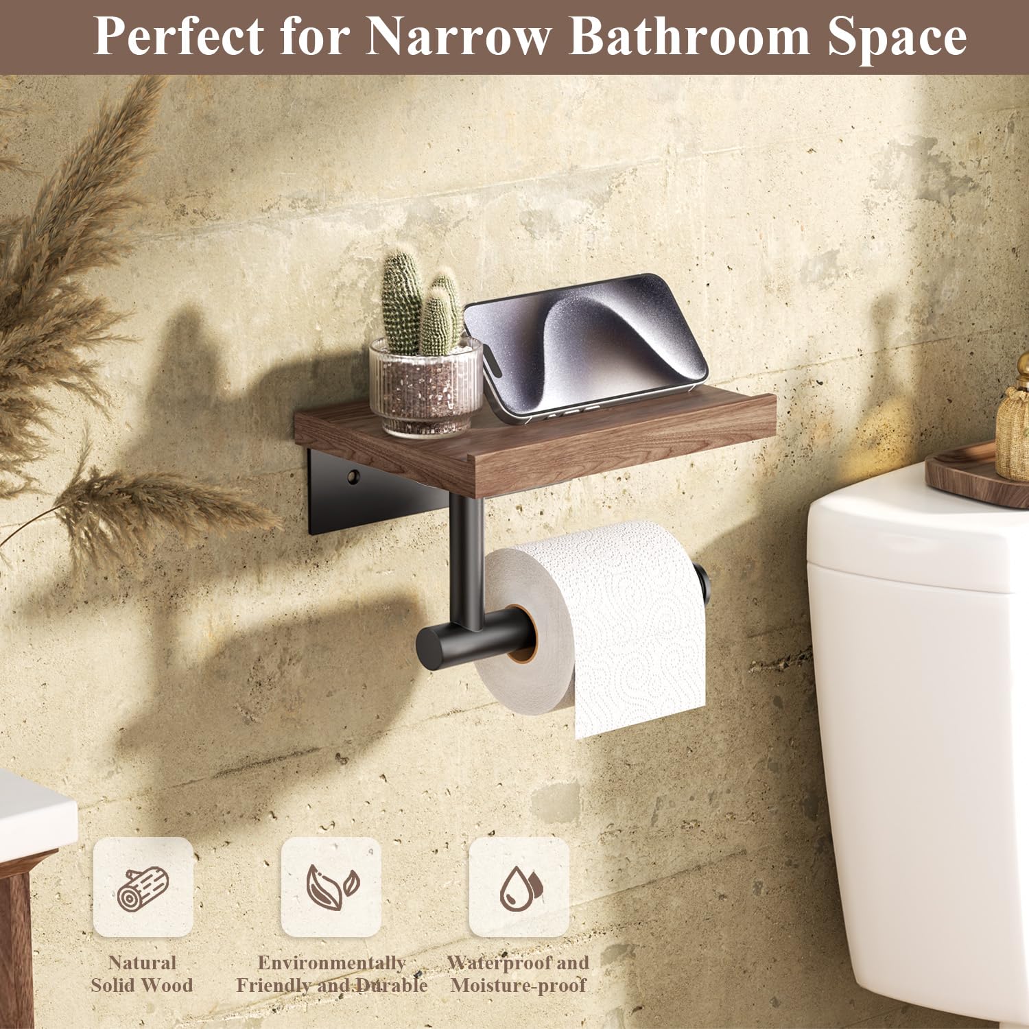 Tindbea wall-mount toilet paper holder with shelf keeps bathroom essentials organized and accessible.