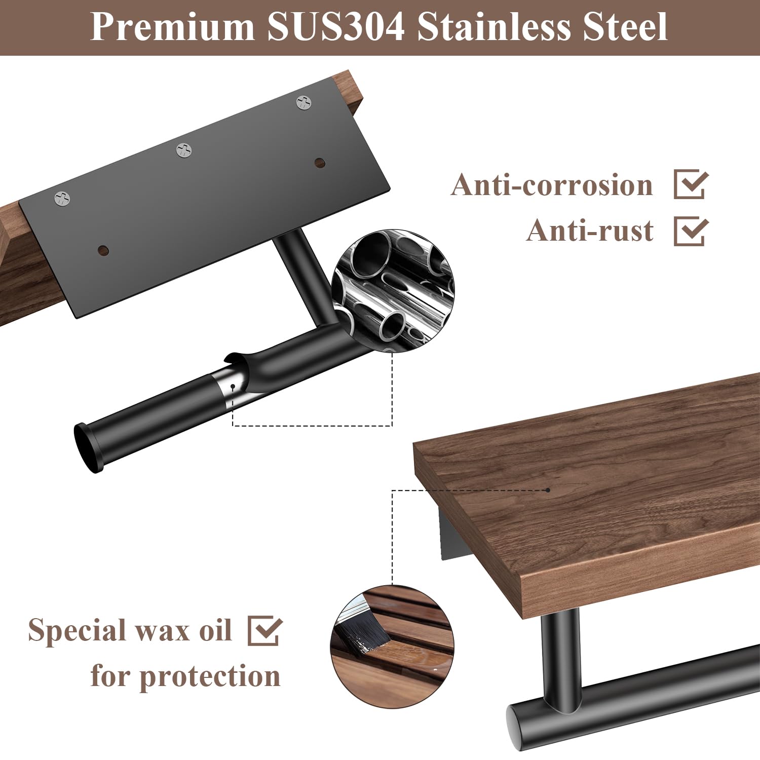 Tindbea wood shelf adds warm texture and extra surface for phones or toiletries.