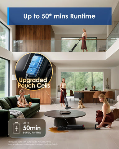 Tineco 50-minute runtime supports extended cleaning sessions.