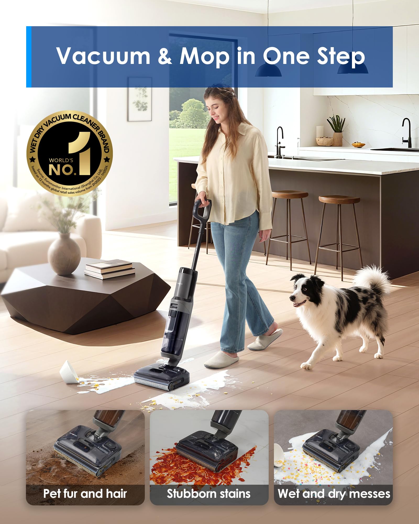 Tineco Floor ONE i6 Stretch 180-degree lay-flat design reaches under furniture easily.