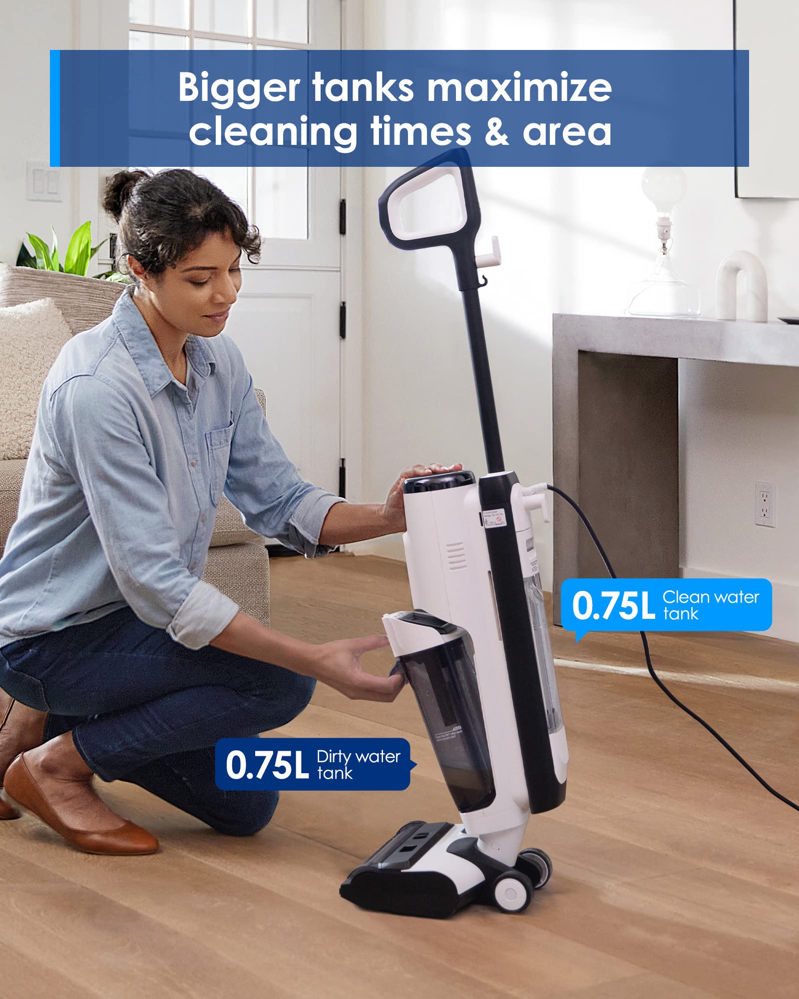 High-temperature steam loosens grease on hard floors with the Floor One S5