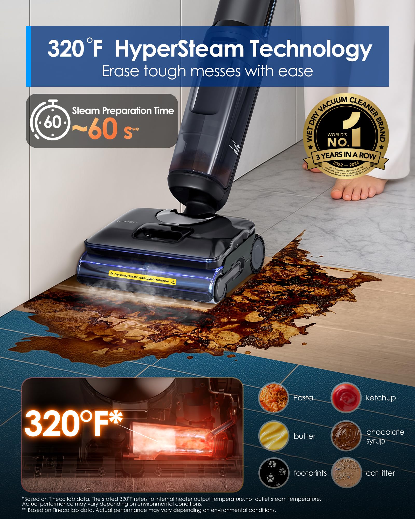 Tineco Floor One S7 Stretch demonstrates 180-degree reach under furniture