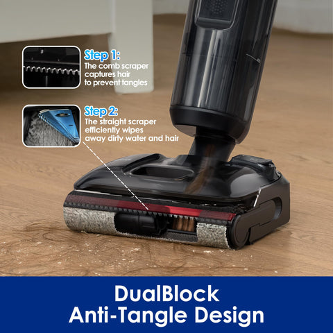 Tineco Floor ONE S7 Stretch showing anti-tangle dual-scrapers for hair management