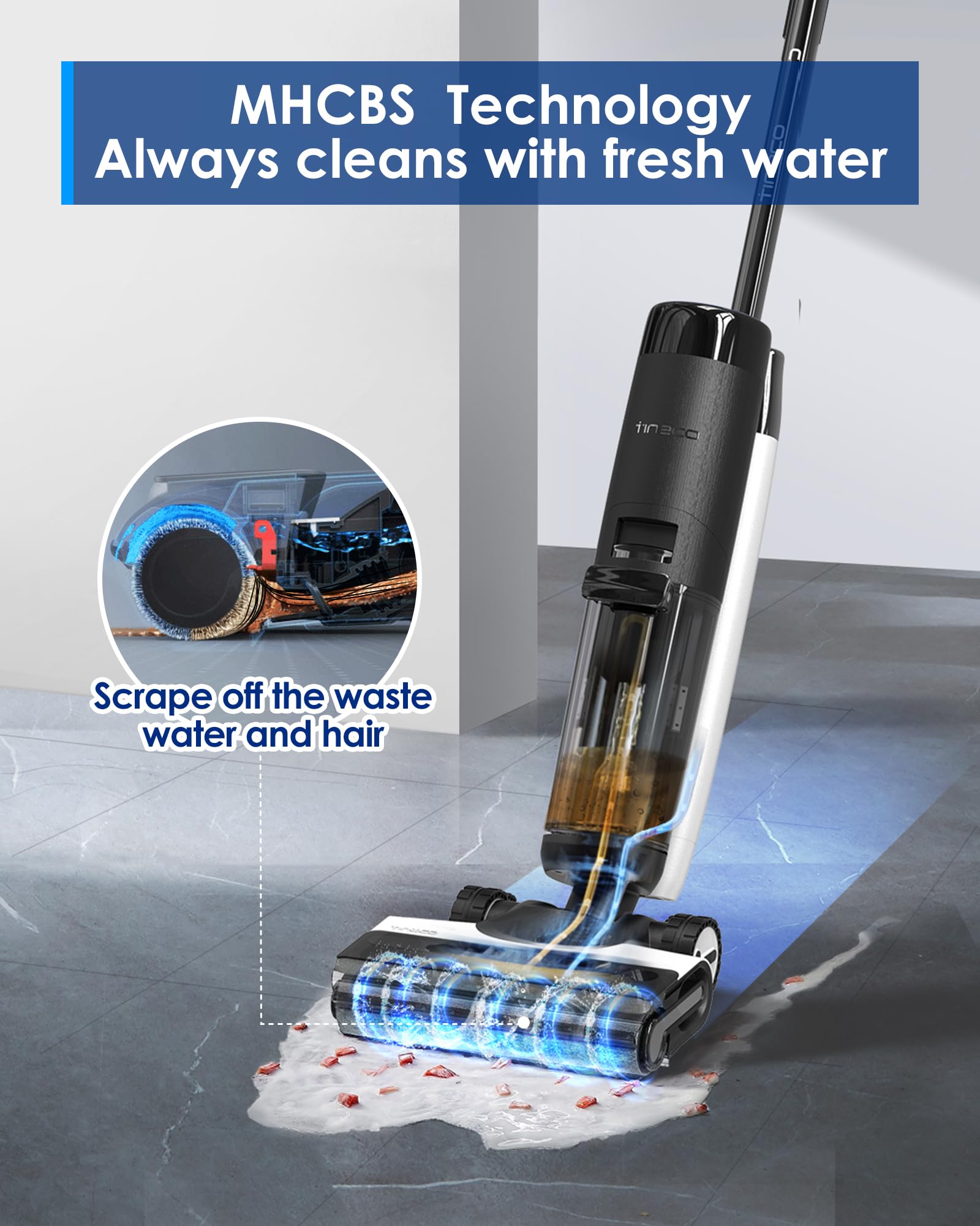 Tineco Floor One S7 water flow system demonstrating consistent washing