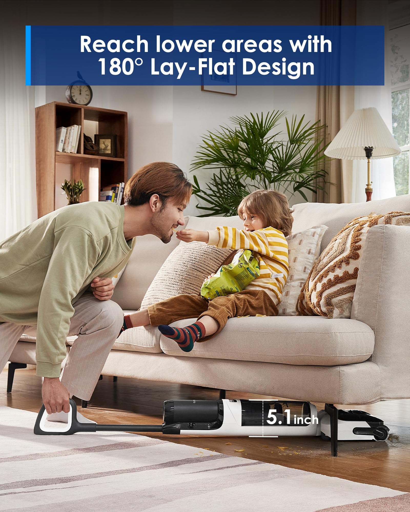 The 180 degree lay-flat reach on the Floor ONE Switch S6 Stretch under spills and corners.