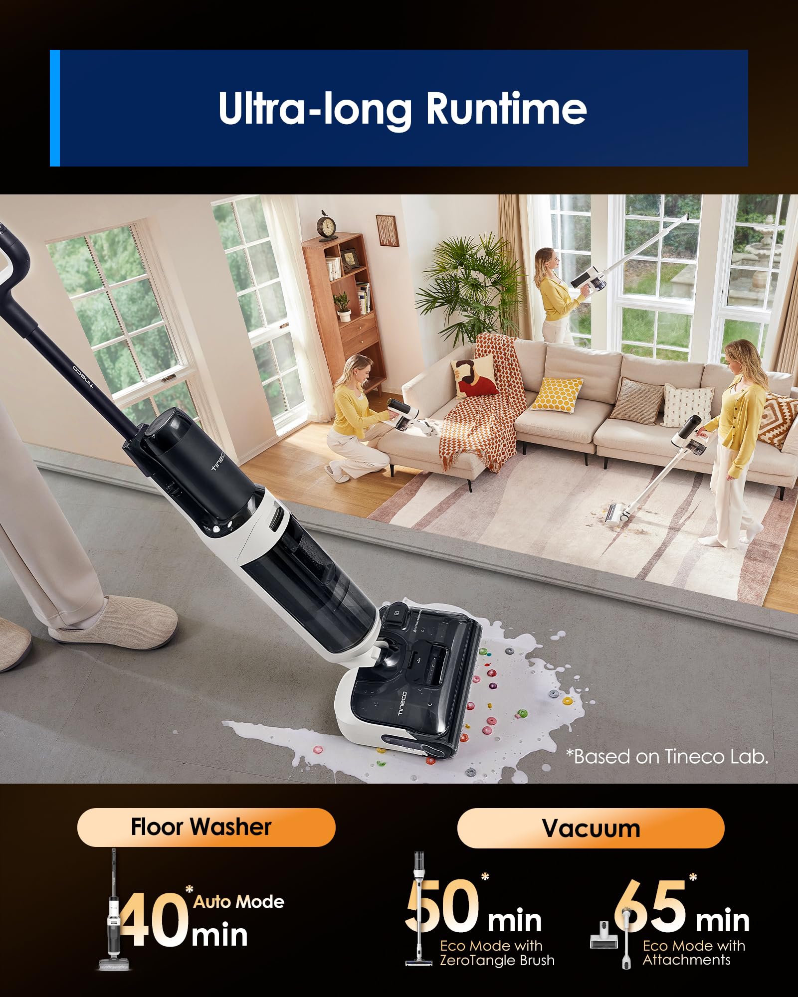 The attachments view shows Tineco Floor ONE Switch S6 Stretch tools for crevices and soft surfaces.