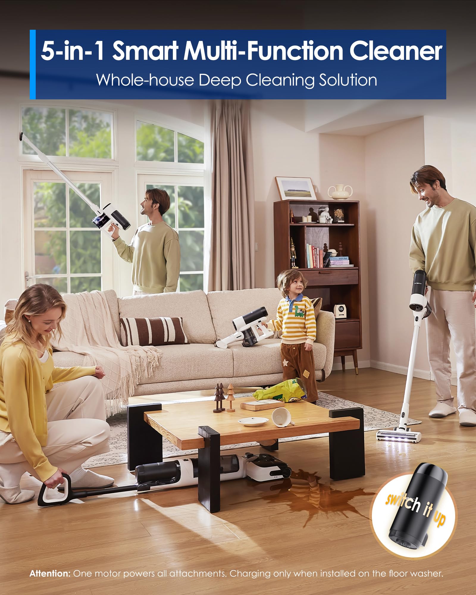 The Tineco Floor ONE Switch S6 Stretch side view demonstrates easy under-furniture access.