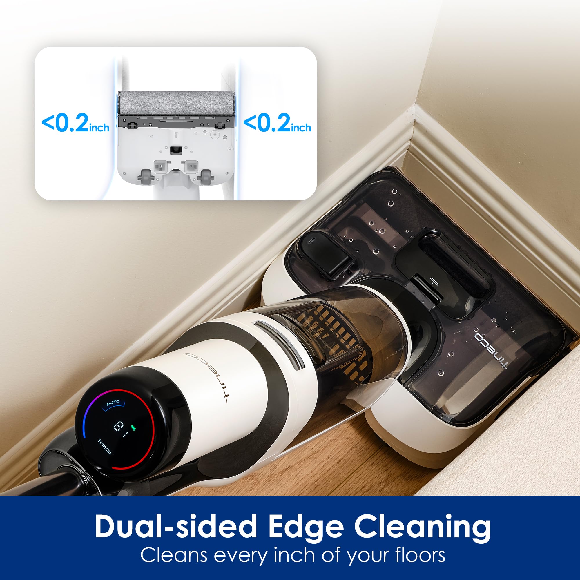Tineco Stretch S6 clean water tank above brush head for balanced cleaning.