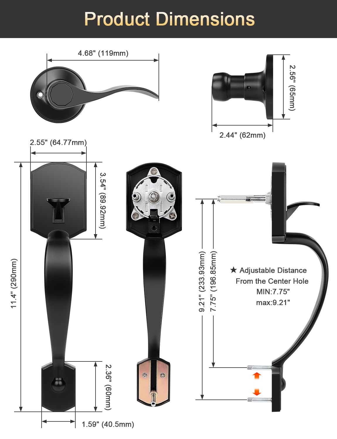 Backset compatibility for 60 mm supports flexible door installation.