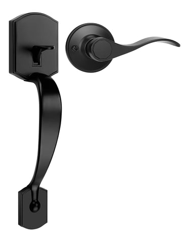 Tinewa Camelot trim handleset in matte black front view for curb appeal and security.