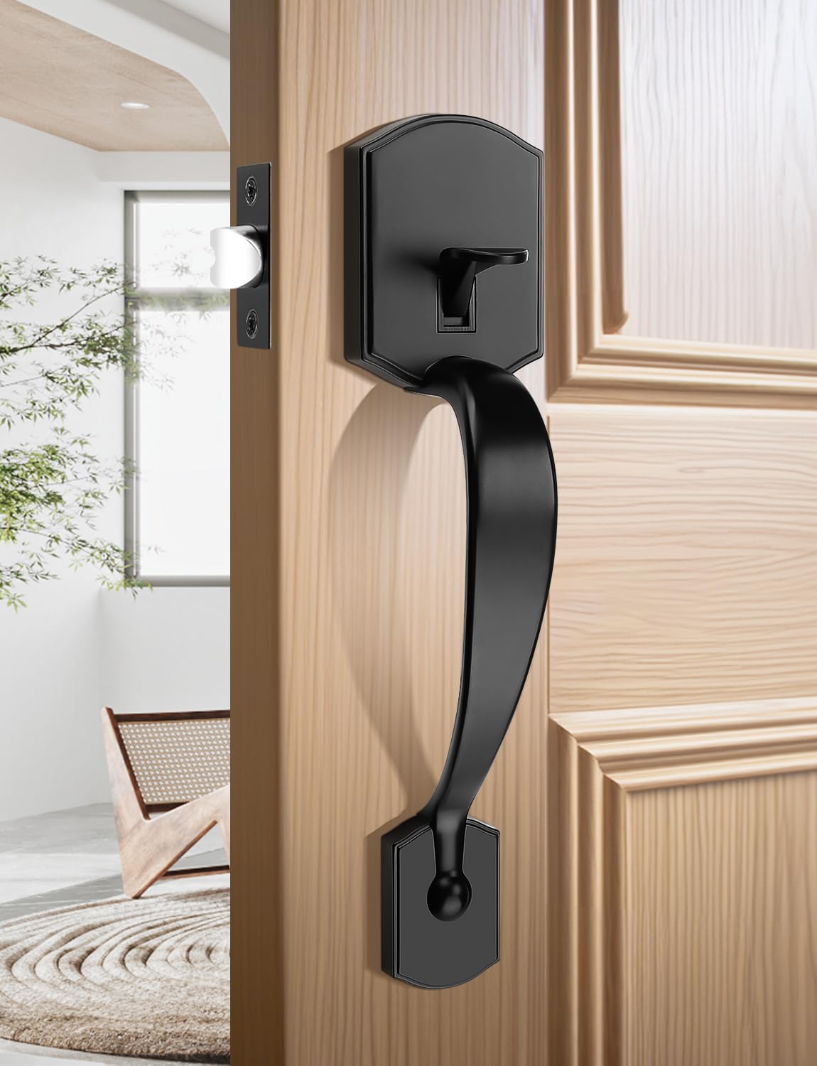 Tinewa Camelot trim handleset in matte black demonstrates versatile backset compatibility.