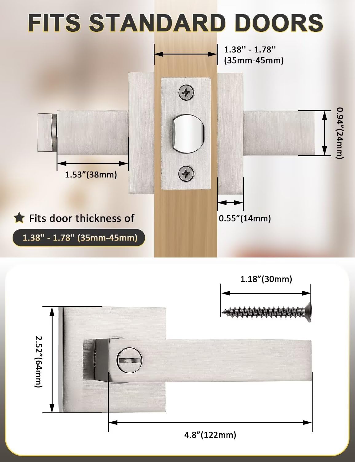 Tinewa privacy square door handle interior lock button detail for privacy.