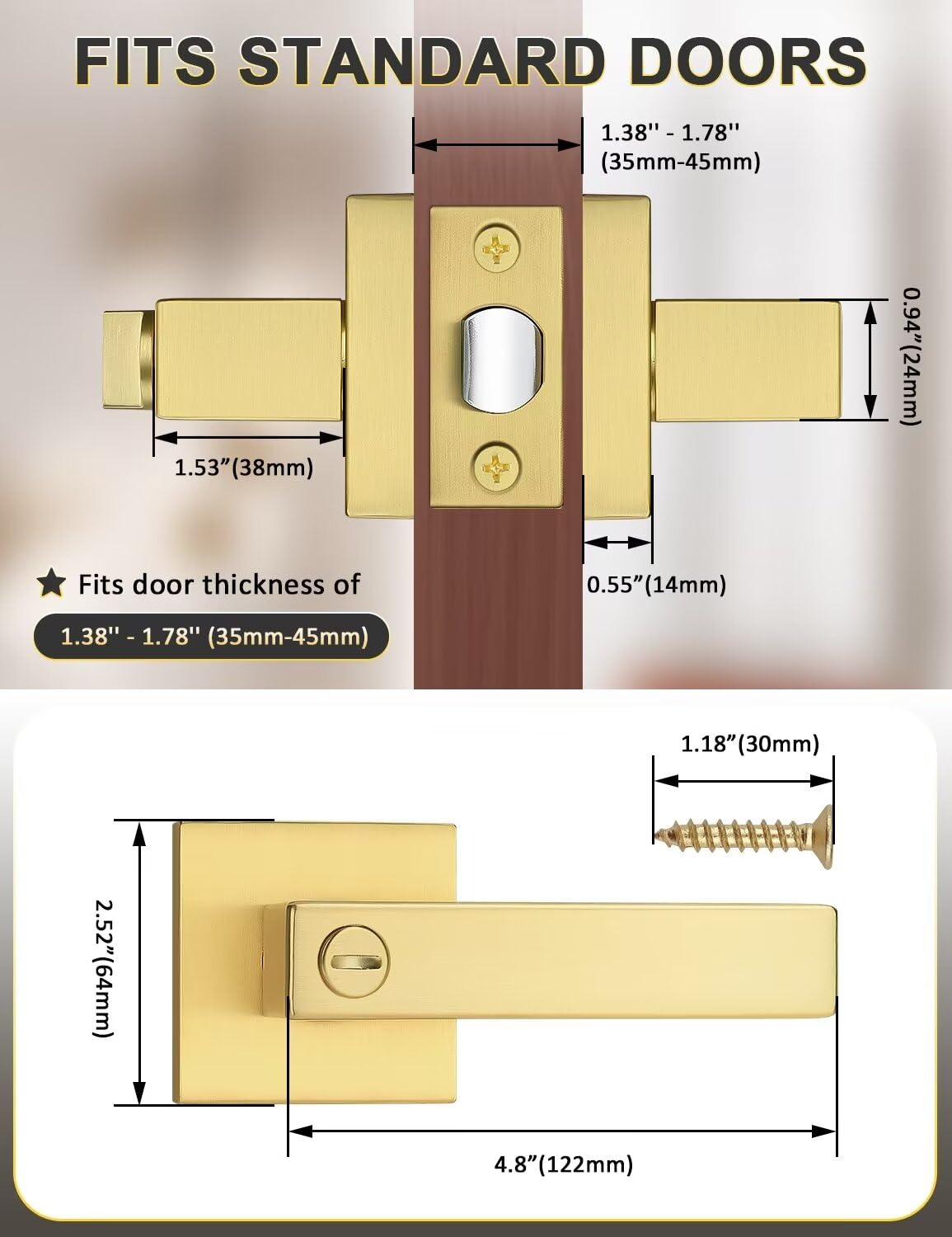 Close-up of Tinewa satin brass privacy lever showing premium durability.