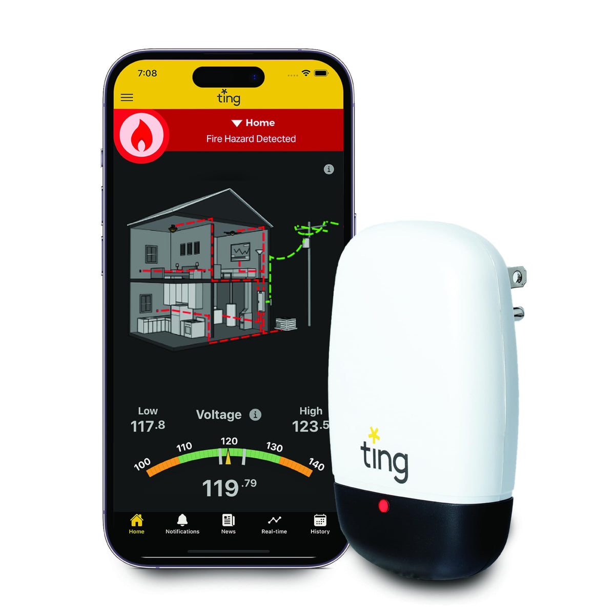 Ting Fire sensor unit installed in-wall for early electrical hazard detection.