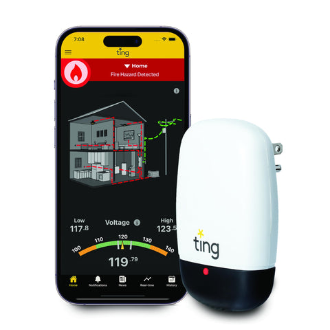Ting Fire sensor unit installed in-wall for early electrical hazard detection.