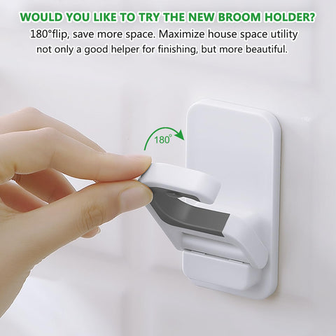 Tinkeep mop holder with rotatable clips keeps cleaning tools ready.