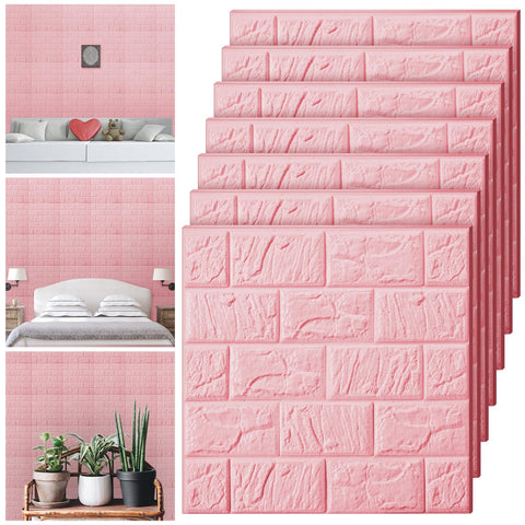 Tinlade 3D wall panels in pink angled view showing textured brick look for stylish walls.