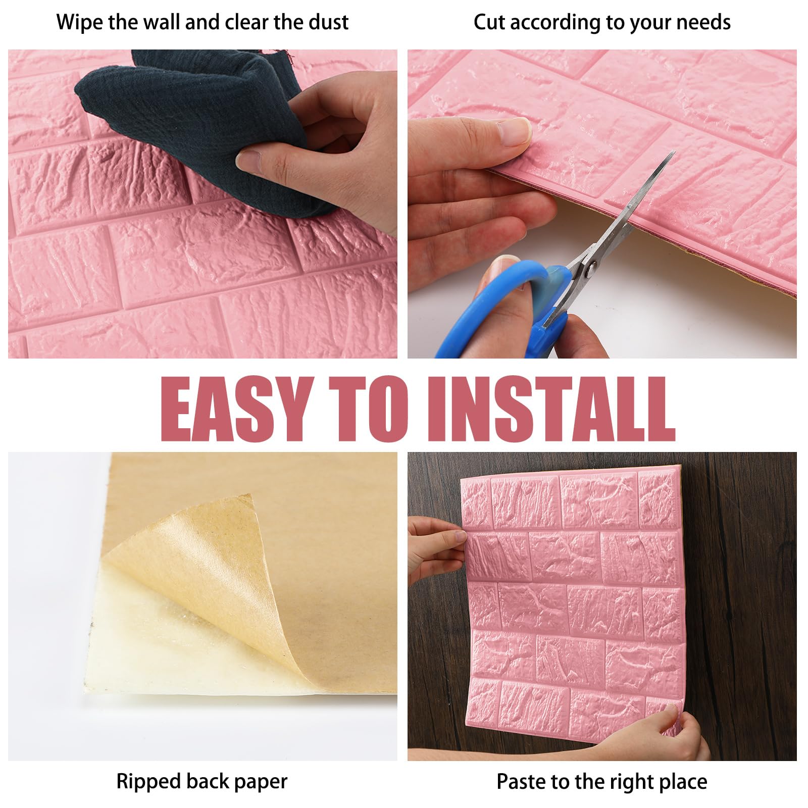 Tinlade peel-and-stick wall panels pink wall demonstrates quick DIY installation.