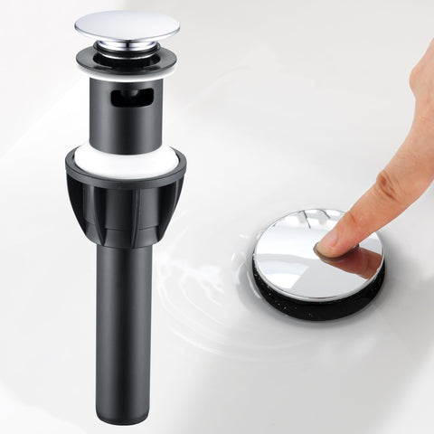 TIORIY chrome pop-up drain with overflow close-up showing easy operation