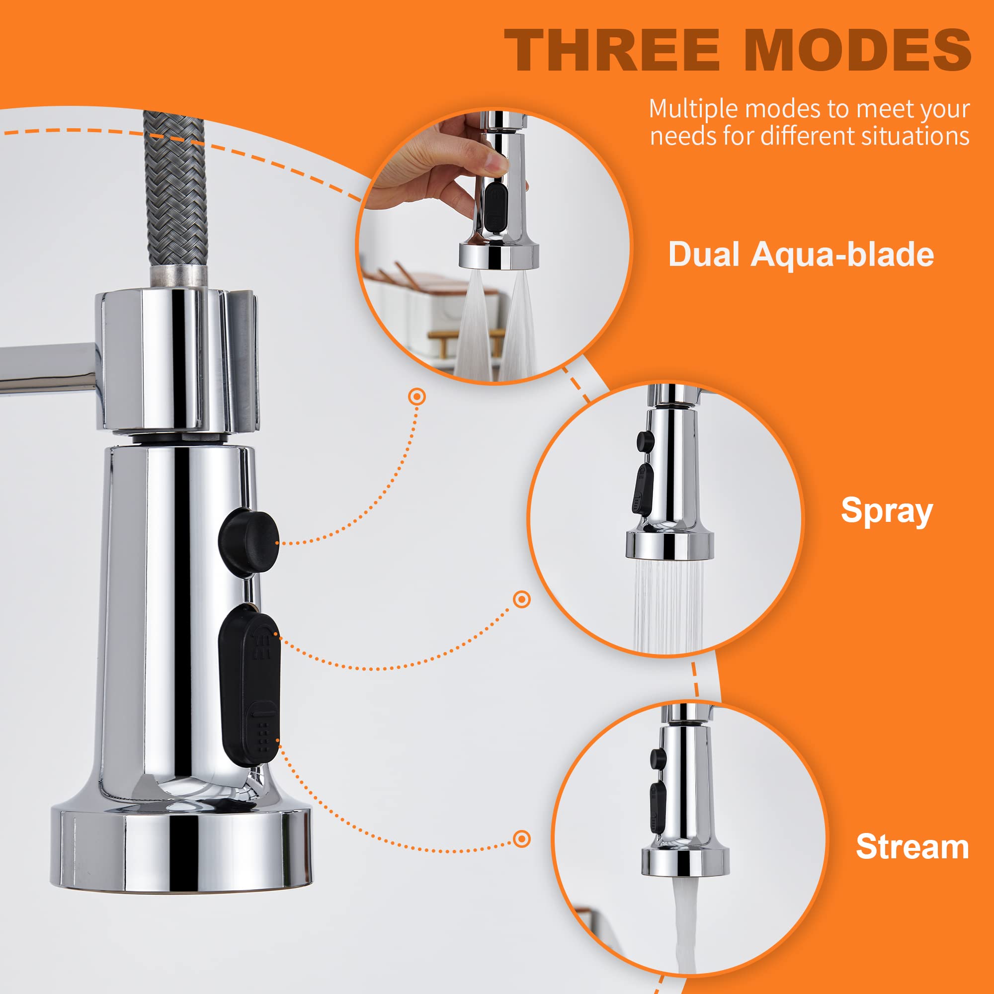 TIORIY pull-down spray head with three modes in action.