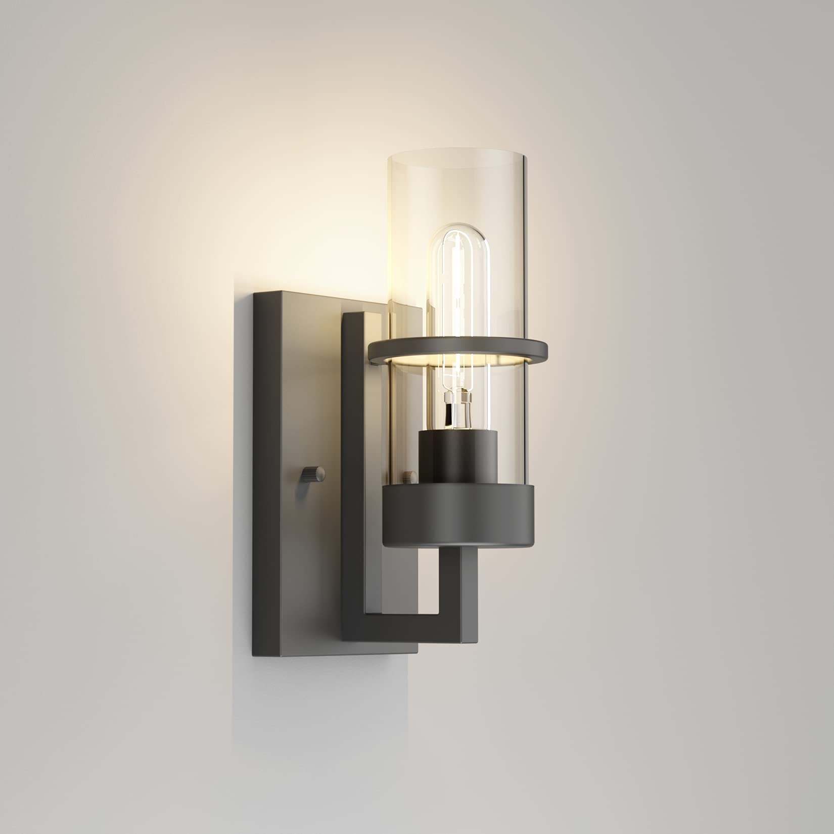 Tipace black wall light with clear glass shade for modern living room ambiance.