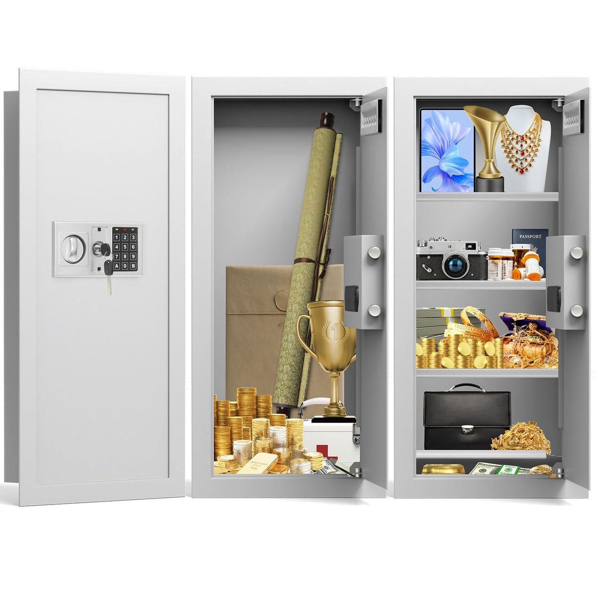 Tiskgg white wall safe between studs with flush installation for discreet storage