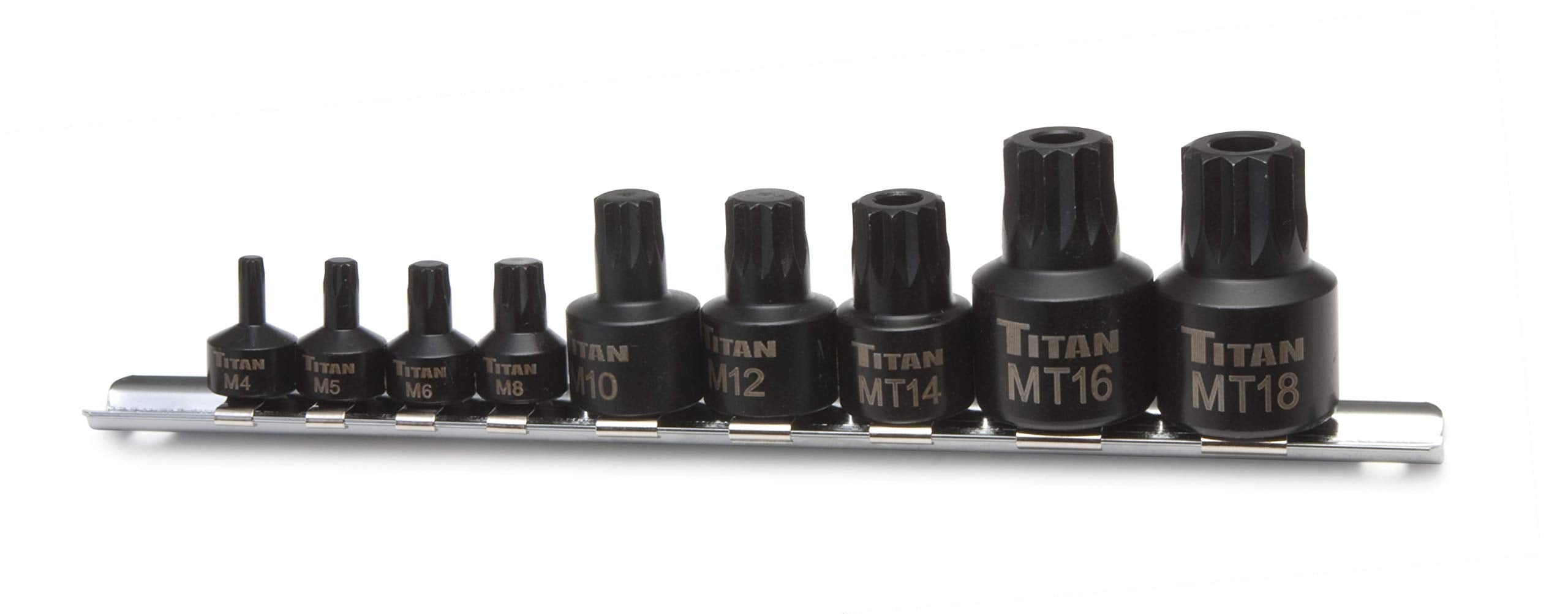 Titan 16138 half-inch drive bit sockets on steel rail for tough, low-clearance spaces