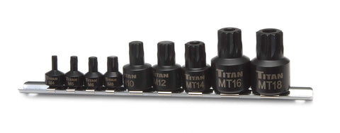 Titan 16138 half-inch drive bit sockets on steel rail for tough, low-clearance spaces