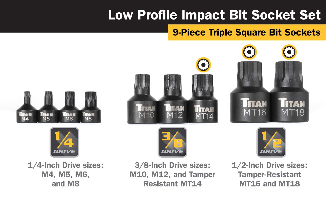Titan 16138 three-eighths-inch drive sockets with M10 and M12 bits for versatile fittings