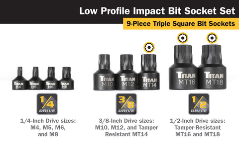 Titan 16138 three-eighths-inch drive sockets with M10 and M12 bits for versatile fittings