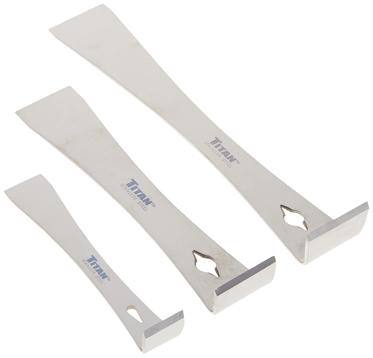 Titan 17007 three-piece pry bar scraper set in polished stainless steel for versatile prying tasks