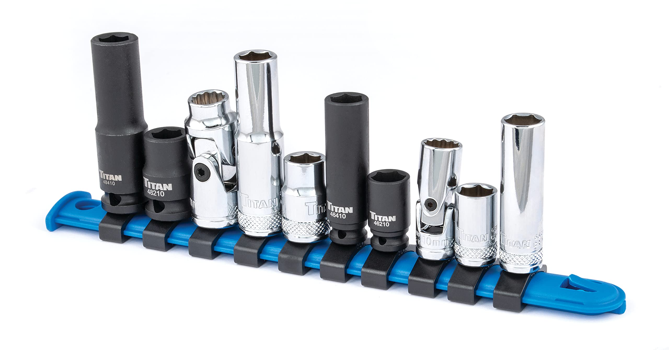 Titan 68660 10mm sockets on a storage rail for quick tool access