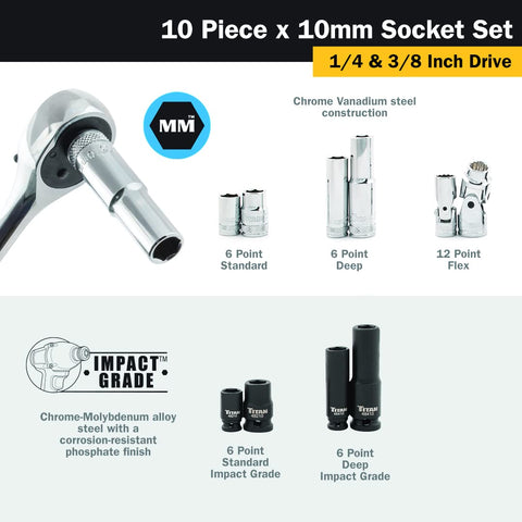 Titan 68660 6-point deep 10mm socket with strong grip for stubborn fasteners