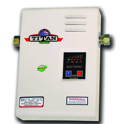 Titan Electric Tankless Water Heater front view for on-demand hot water in compact homes