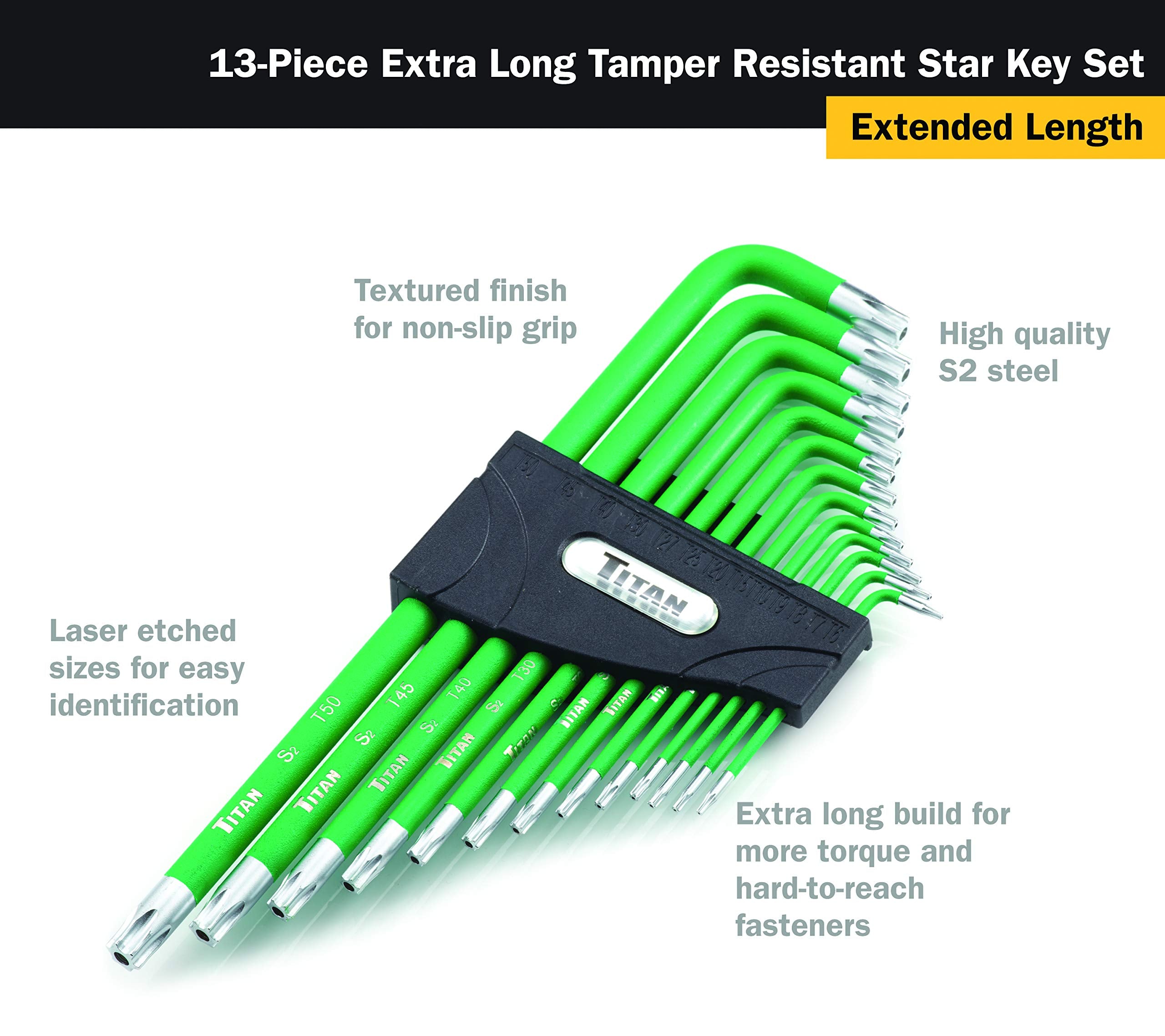 Color-coded laser-etched Titan Tools 12715 keys for quick identification.