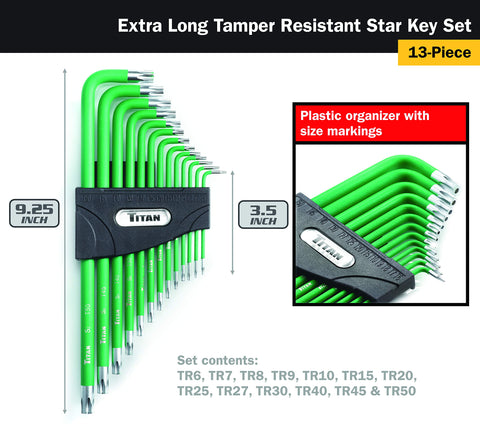 Close-up of drilled tips on Titan Tools 12715 tamper-resistant keys for secure fasteners.