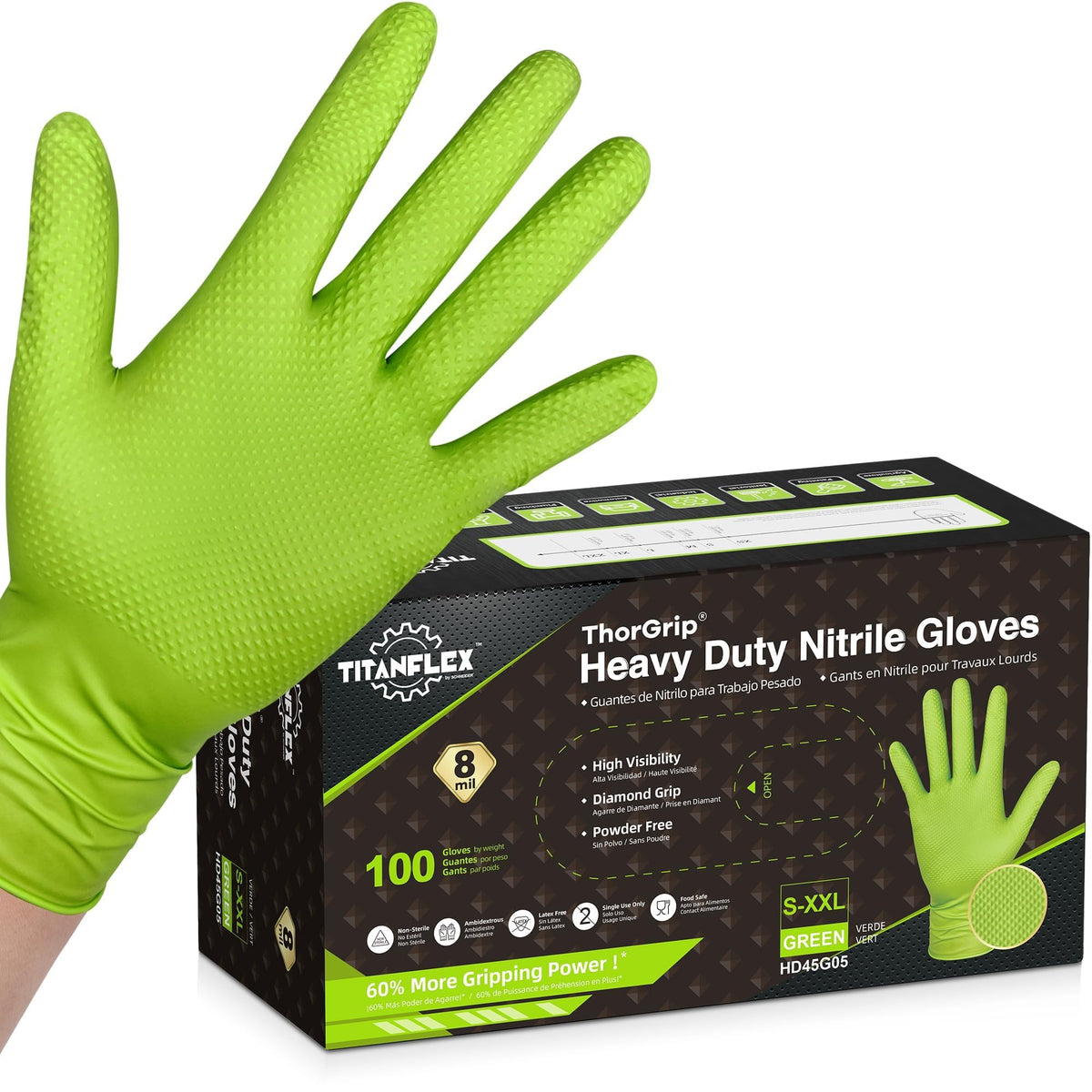 TitanFlex 8-mil nitrile gloves in green XXL for durable, puncture-resistant protection.