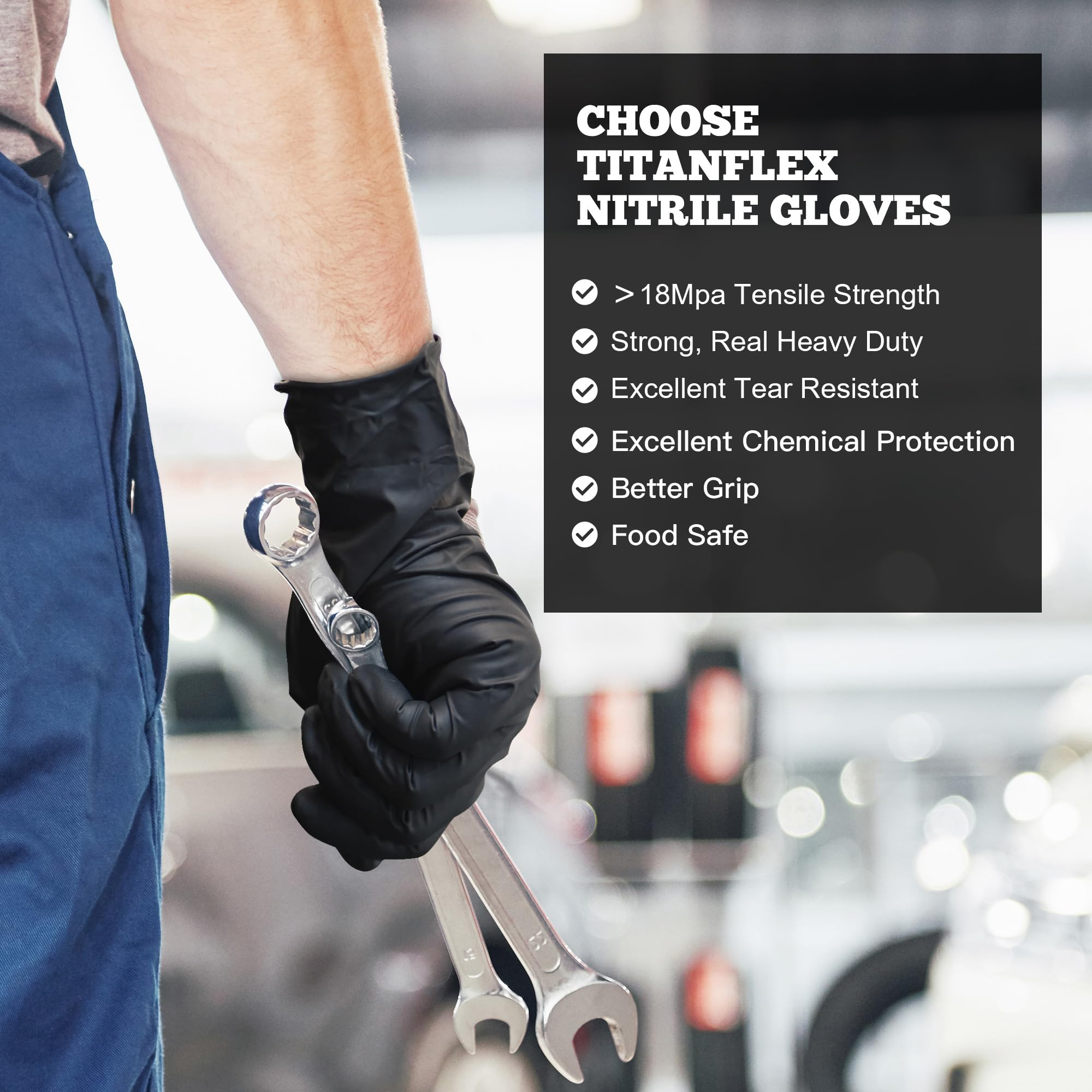 Heavy-duty 6-mil gloves resist chemicals, greases, and sharp objects