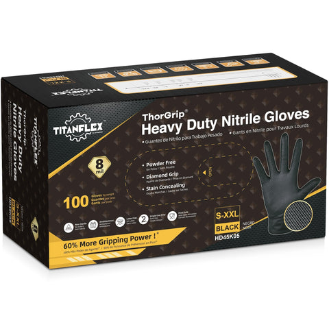 TitanFlex black nitrile gloves with raised diamond texture boosting grip in greasy environments.