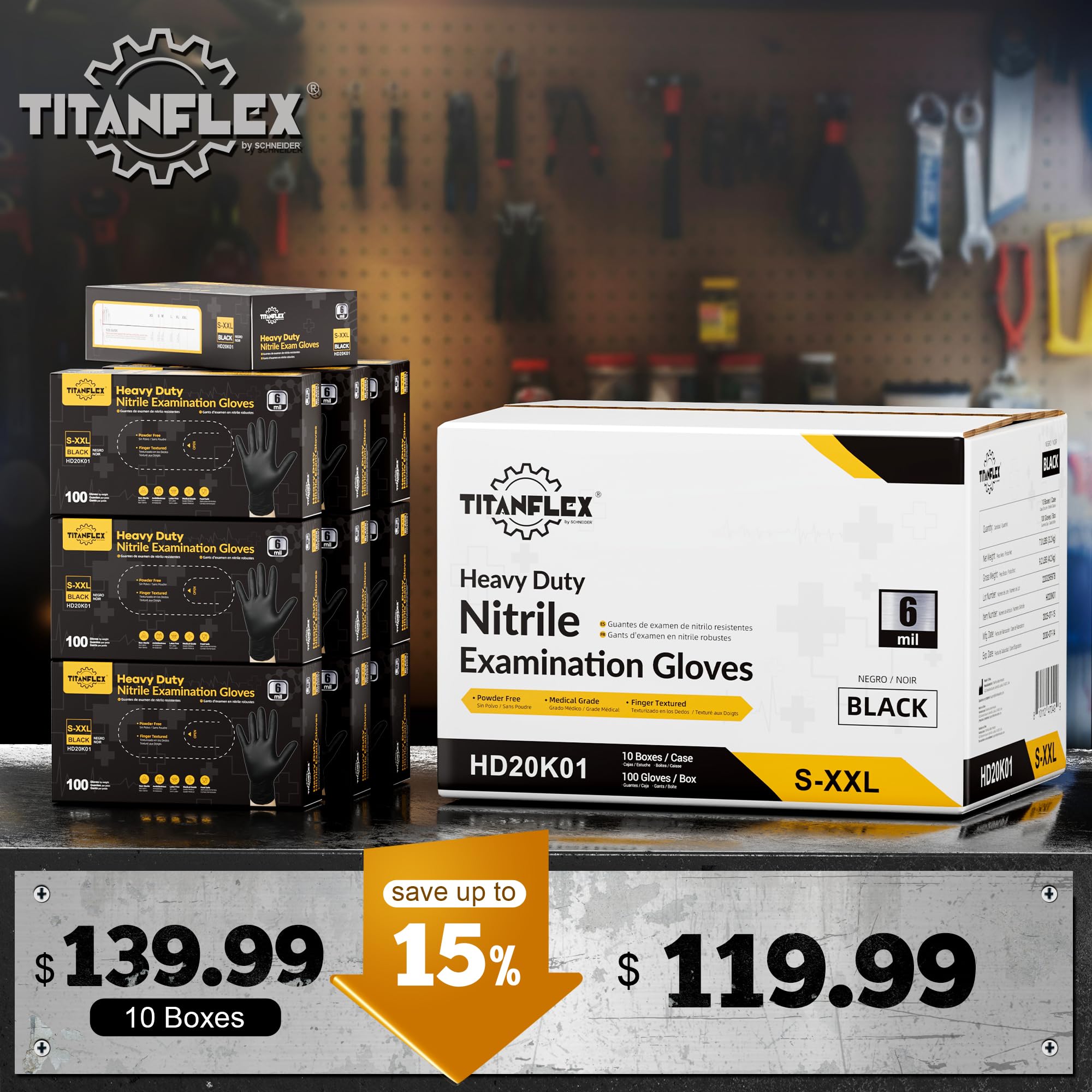 TitanFlex 6-mil black nitrile gloves offering strong resistance for demanding tasks.
