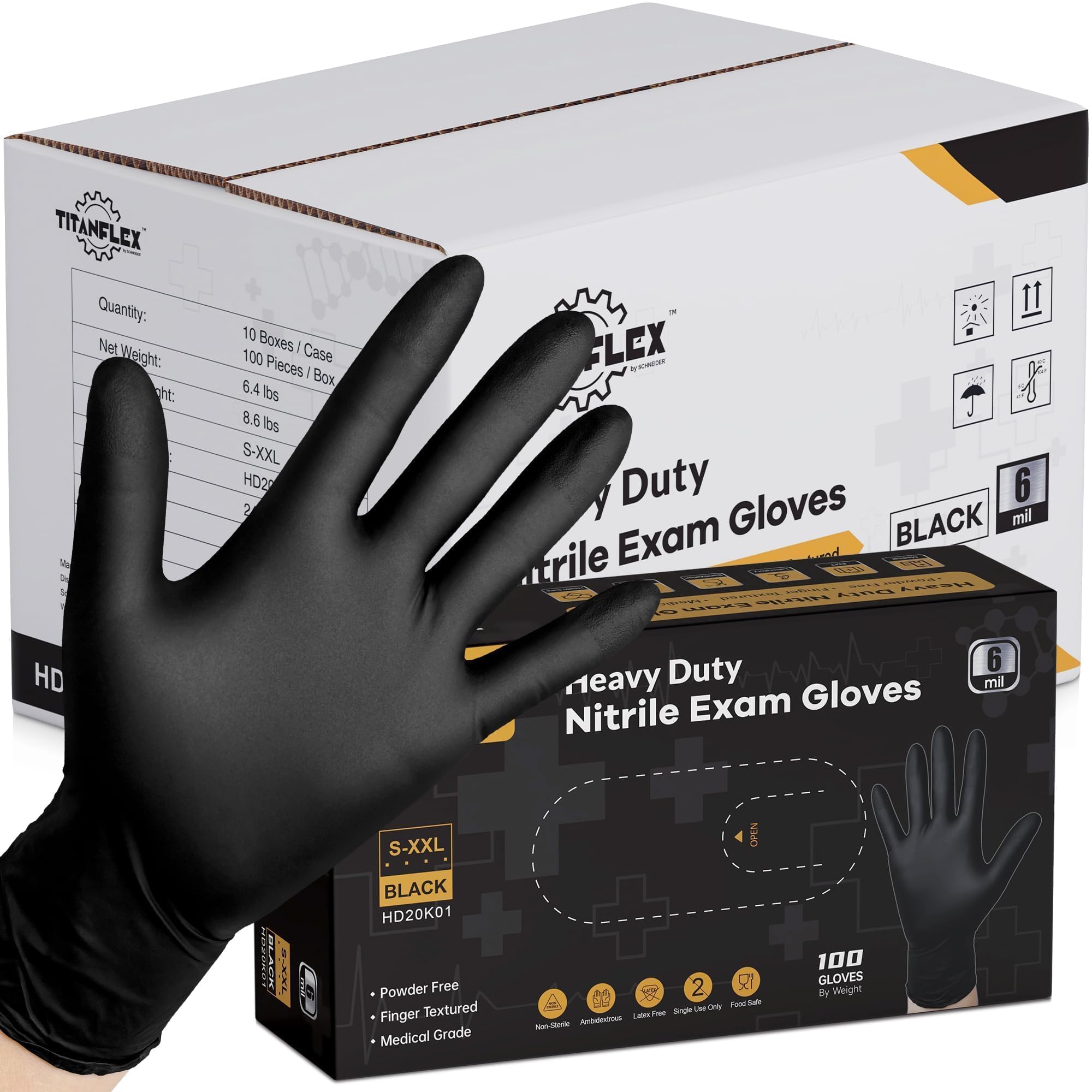 TitanFlex disposable nitrile gloves in black, large, 1000-count case for heavy-duty tasks.