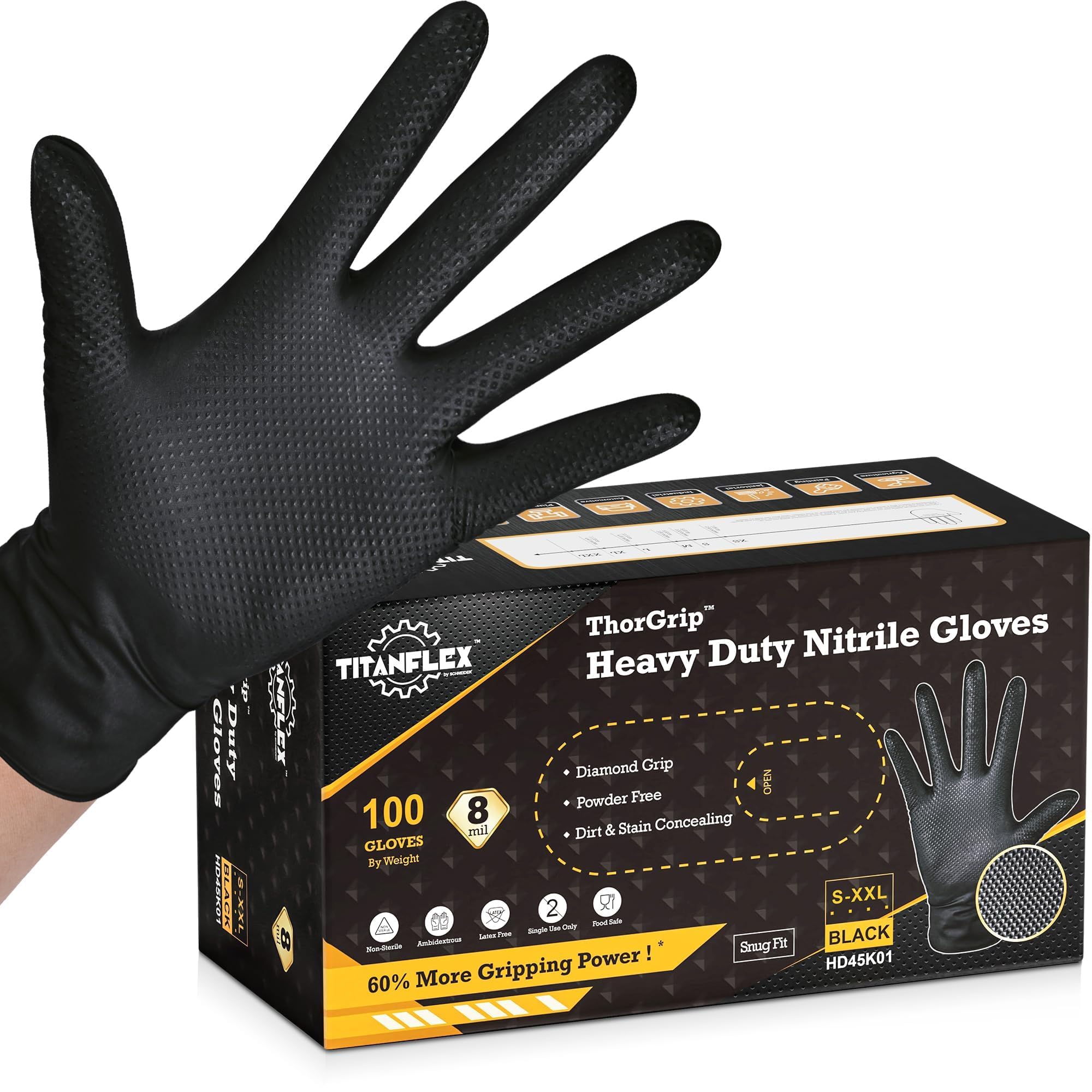 TitanFlex heavy-duty 8-mil nitrile gloves in a box of 100 for reliable protection.