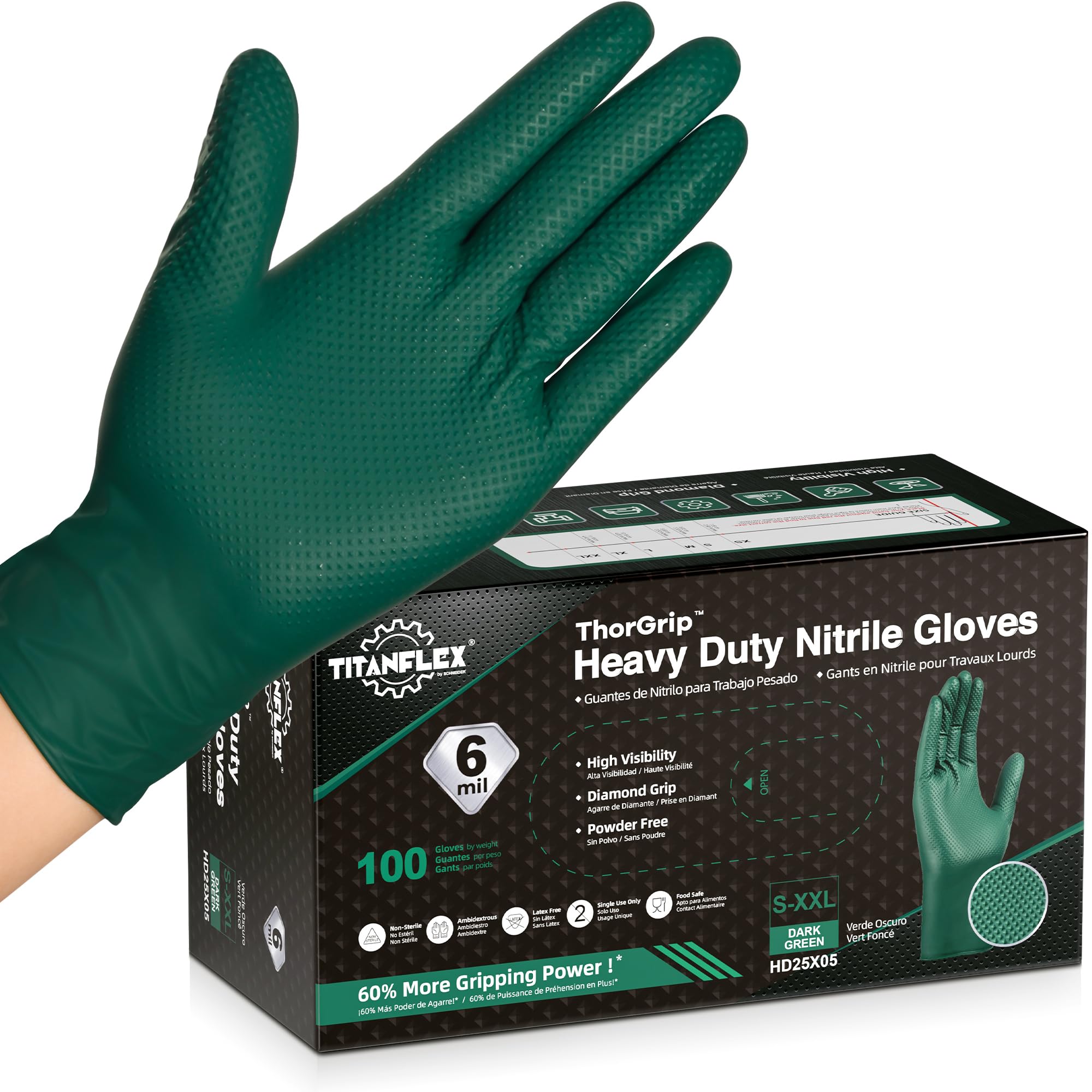 TitanFlex heavy-duty nitrile gloves with diamond texture close-up showing enhanced grip.