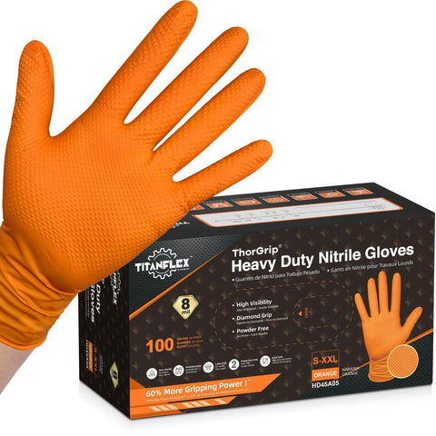 TitanFlex orange 8-mil nitrile glove with raised diamond texture on palm for grip