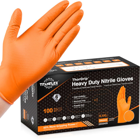 TitanFlex heavy-duty orange nitrile gloves with diamond texture for grip
