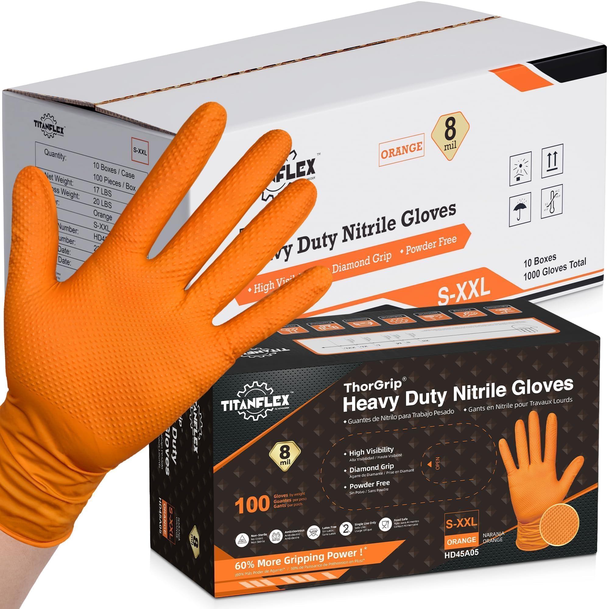 TitanFlex orange nitrile gloves 8mil for high-visibility protection on tough jobs.